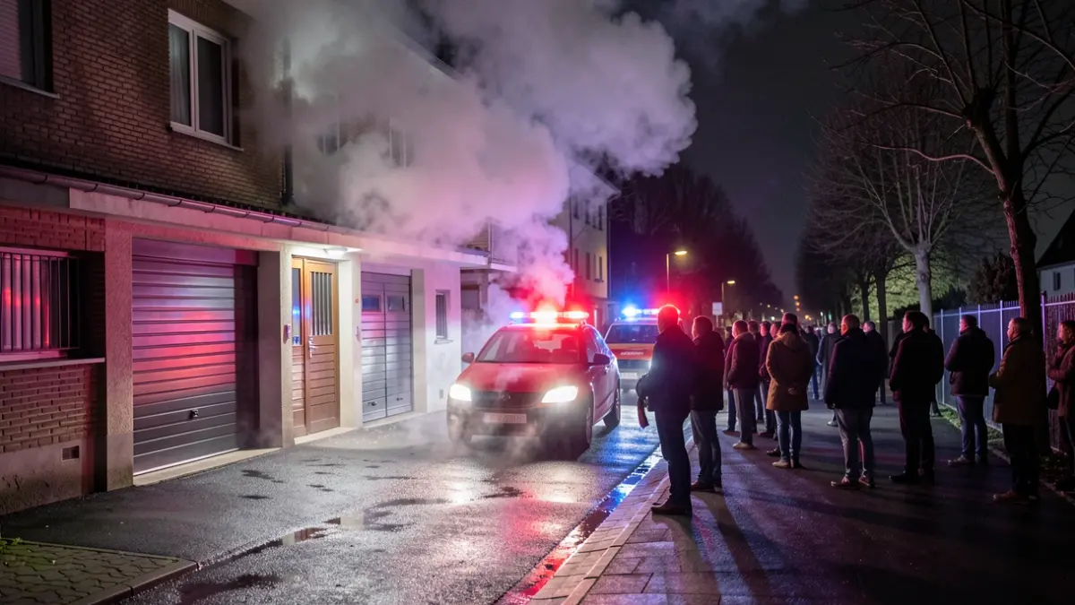 Generic image of smoke coming out of a garage with emergency lights.