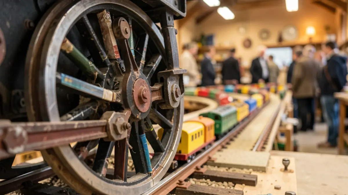 Old train wheel made of recycled materials in a workshop.