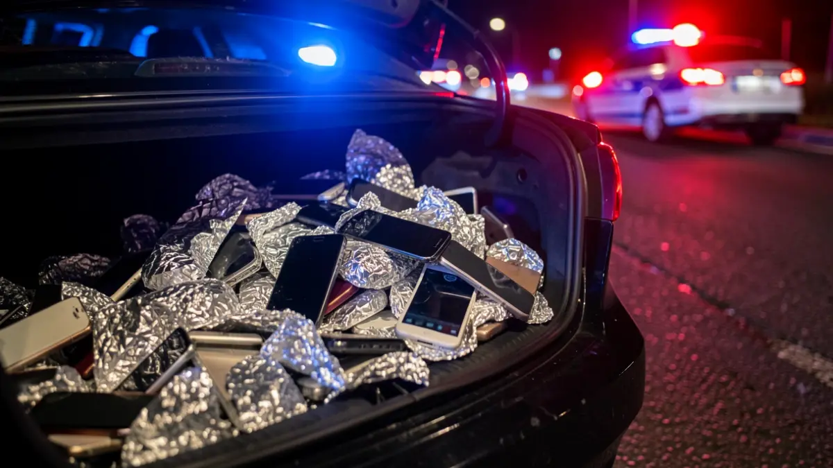 Teléfonos móviles envueltos en papel de aluminio dentro del maletero de un coche, con luces policiales de fondo.