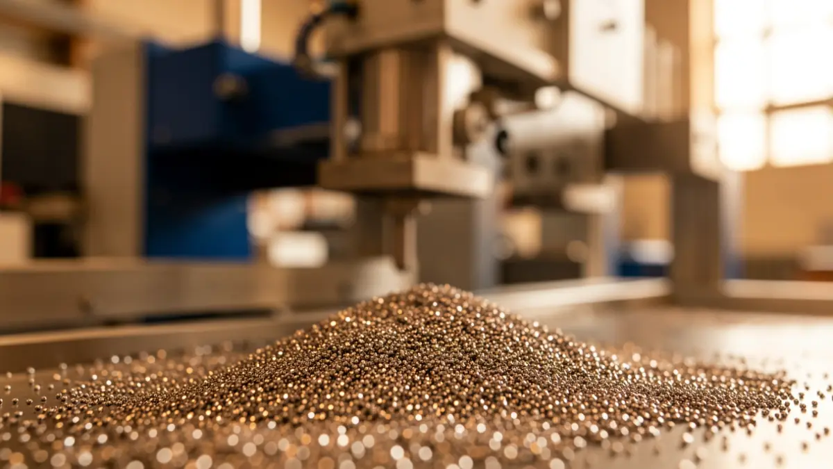 Partículas de polvo metálico en primer plano, con maquinaria industrial desenfocada al fondo, simbolizando la fabricación aditiva y la reutilización de materiales.