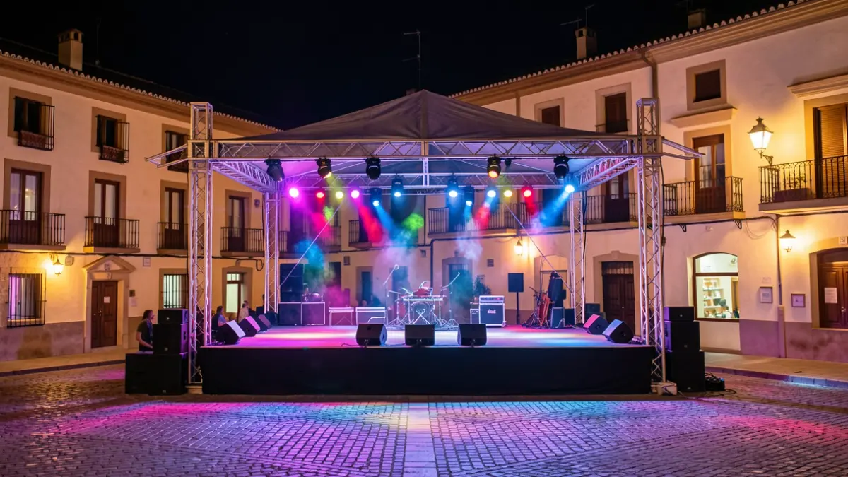 Outdoor concert stage at night in a Spanish square, with colorful lights.