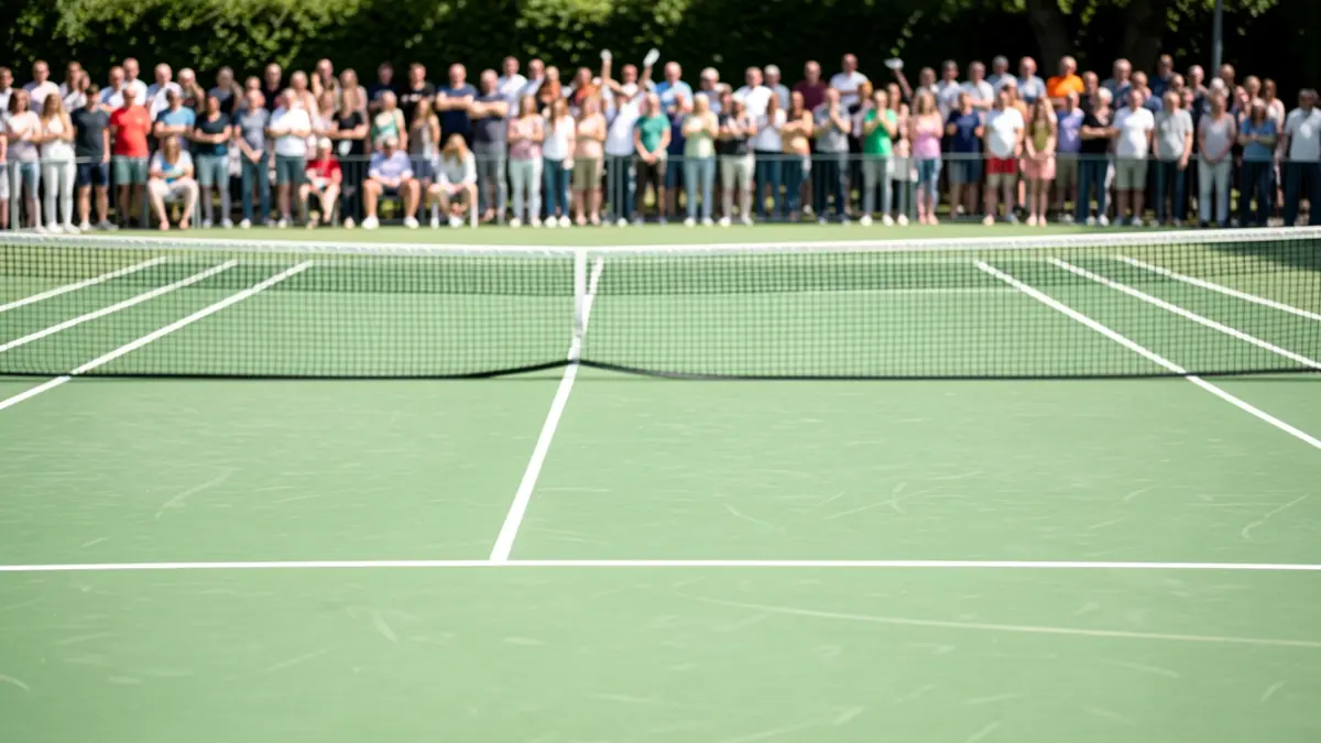 Pista de tenis vacía con redes y líneas visibles, luz diurna brillante.