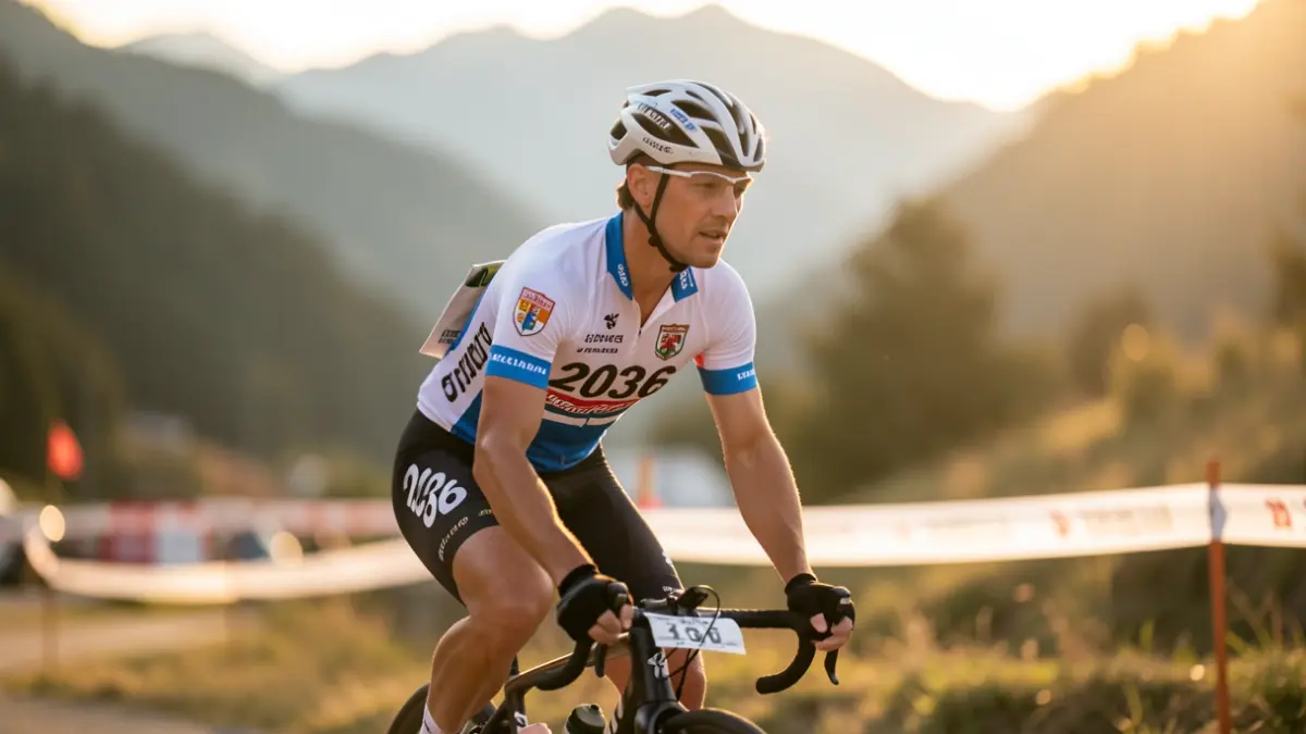 Cyclist crosses the finish line in Japan wearing the Valdeolmos-Alalpardo crest.