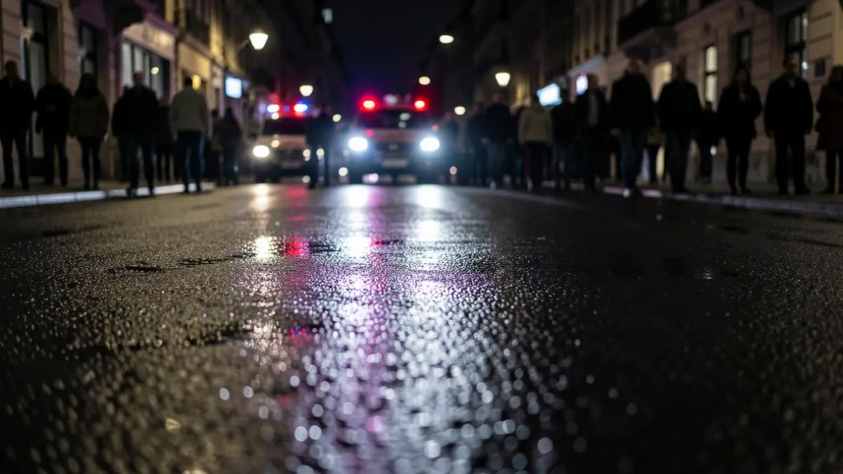 Imagen genérica de luces de emergencia reflejándose en asfalto mojado por la noche.