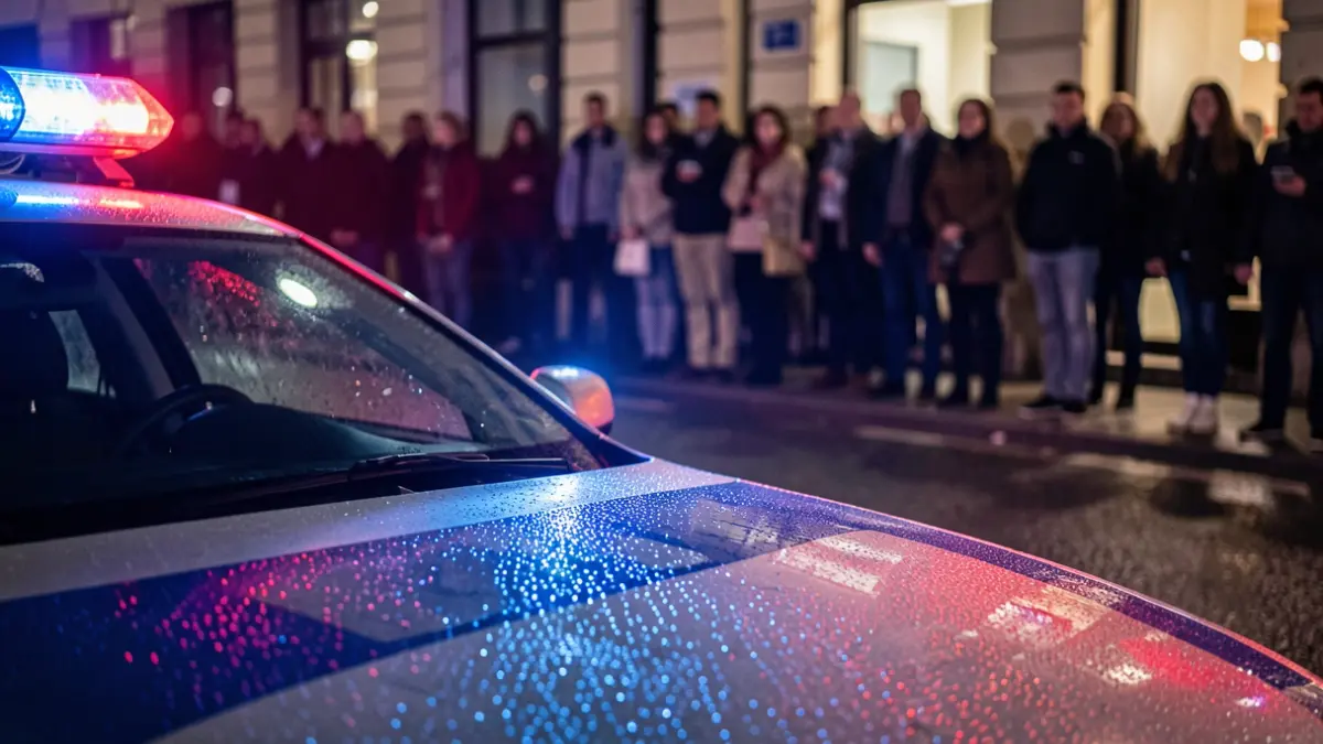 Luces de emergencia policiales reflejándose en asfalto mojado por la noche.