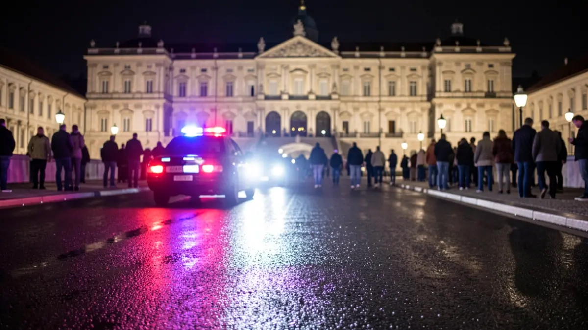 Emergency lights reflecting on wet asphalt near the Lonja of the Royal Monastery of San Lorenzo de El Escorial at night.