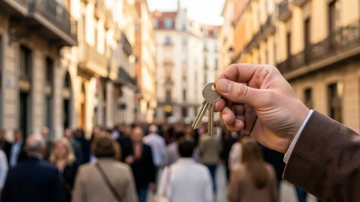Close-up of a hand holding a key, with a blurred background of apartment buildings in Madrid.