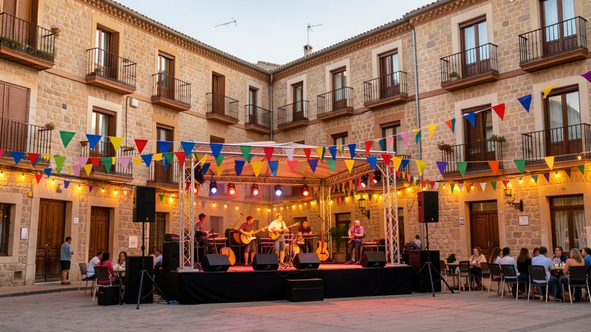 Escena de un escenario al aire libre en una plaza de la Comunidad de Madrid, con arquitectura tradicional al fondo y luces cálidas.