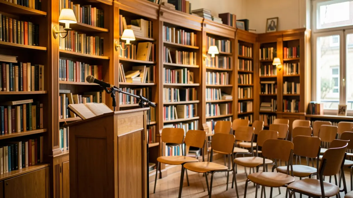 Generic image of a library interior with bookshelves and a podium.
