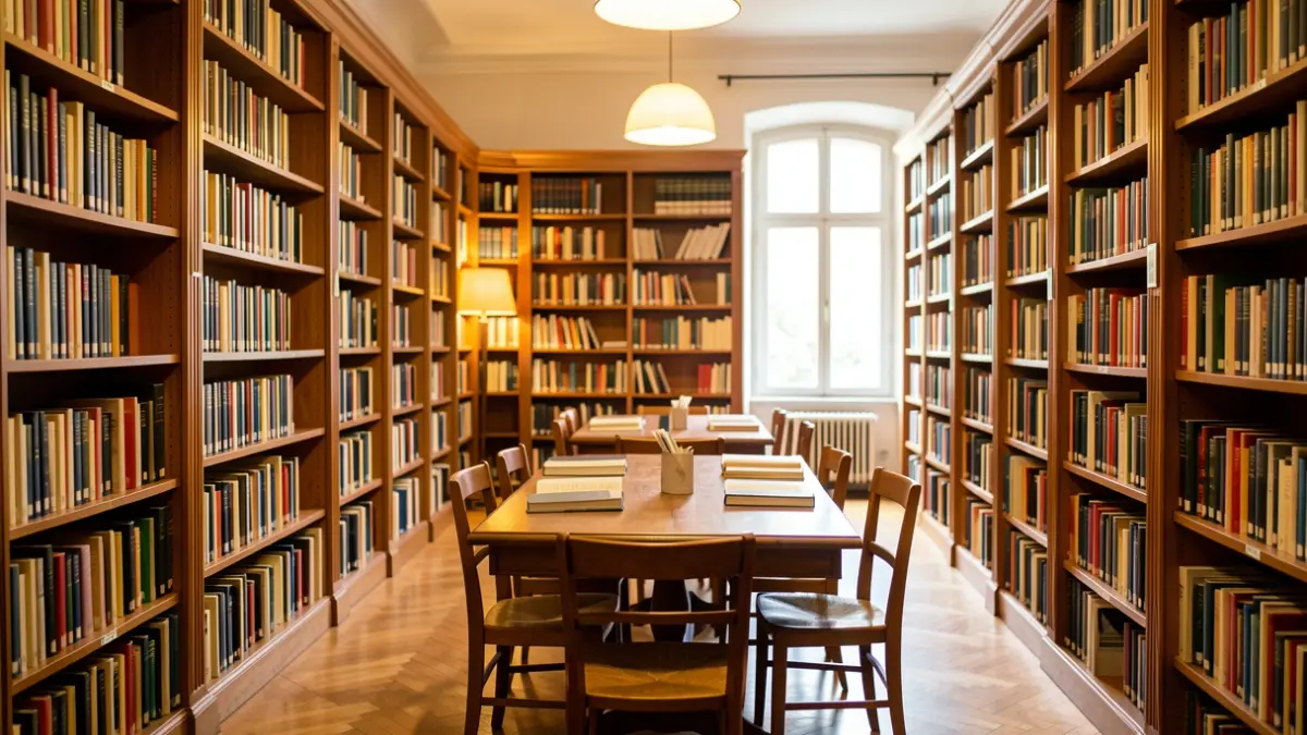 Imagen genérica de una biblioteca pública con estanterías llenas de libros y mesas de lectura.