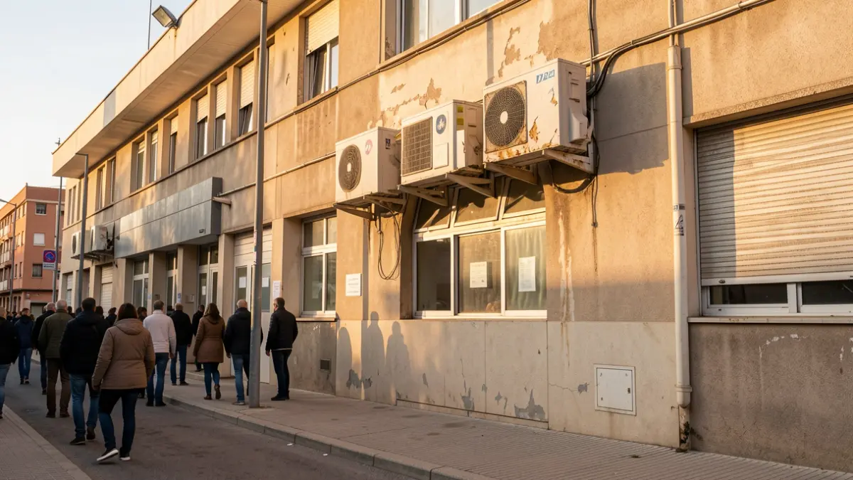 Fachada de una comisaría de policía en Móstoles con unidades de aire acondicionado deterioradas.