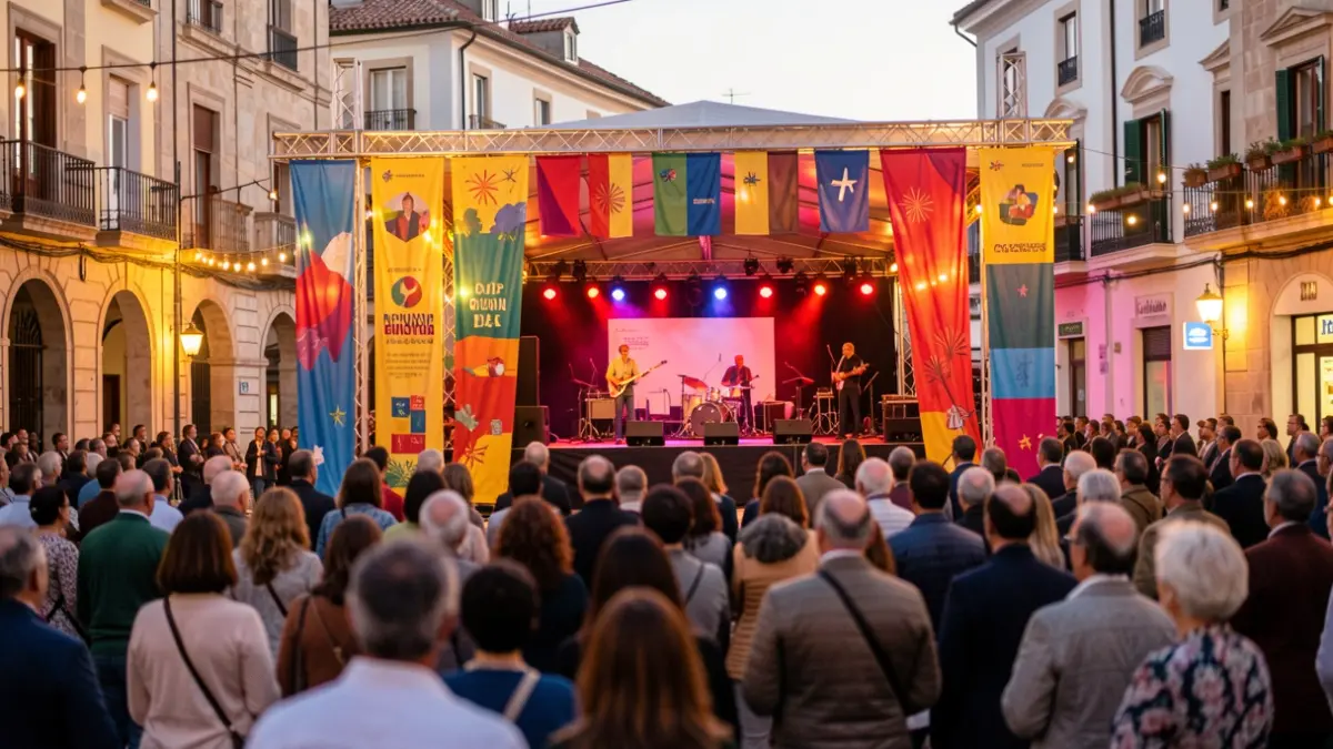 Escena genérica de un escenario al aire libre en una plaza de la Comunidad de Madrid durante un evento cultural.
