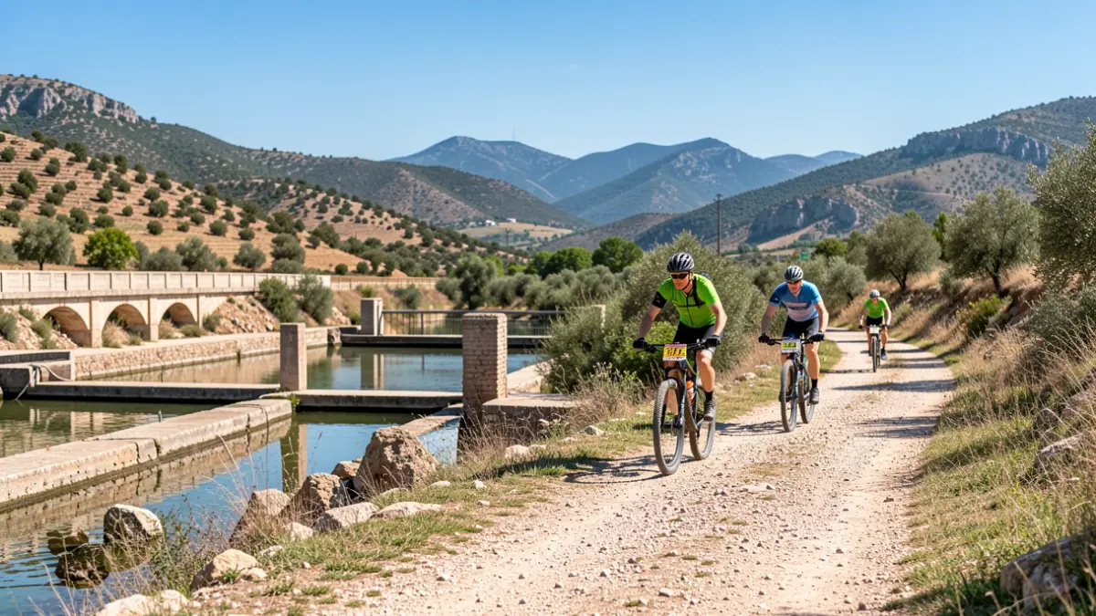Imagen genérica de una ruta de ciclismo de montaña con infraestructuras históricas de agua en la Sierra Norte de Madrid.