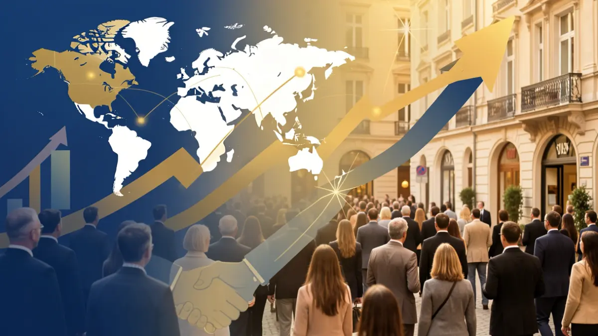 Generic image of business internationalization support with abstract graphic elements.