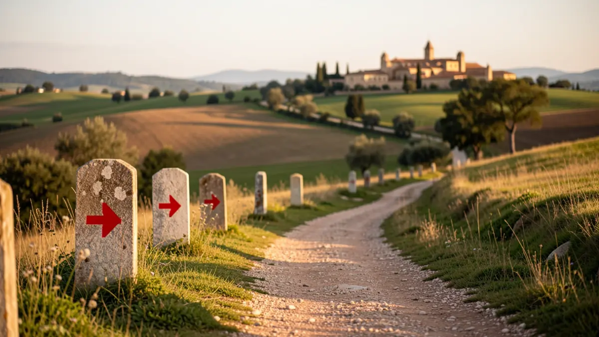 Ruta rural en la Comunidad de Madrid con señalización de flechas rojas y un monasterio al fondo.