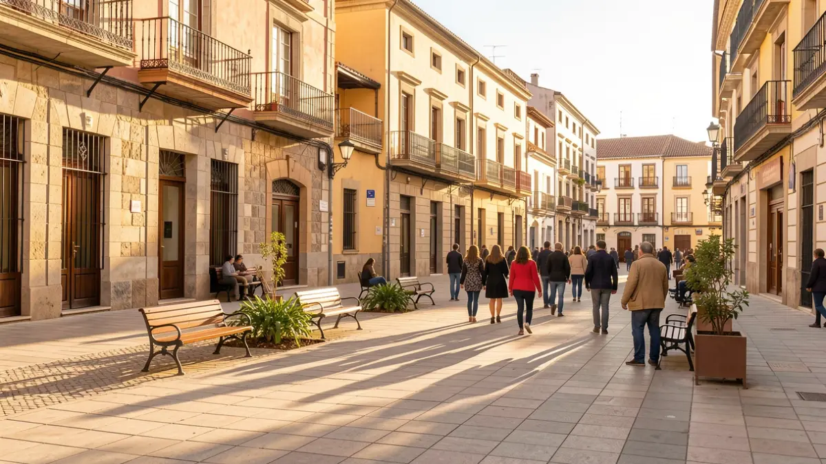 Renovated main square in a Community of Madrid municipality with traditional architecture and new street furniture.