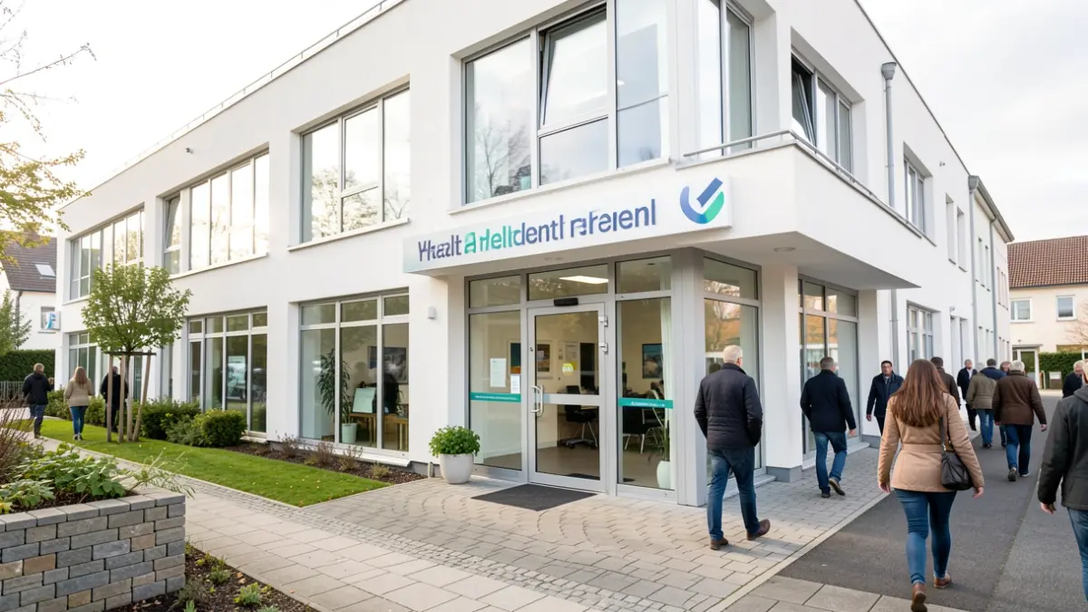 Fachada genérica de un centro de salud moderno y accesible.