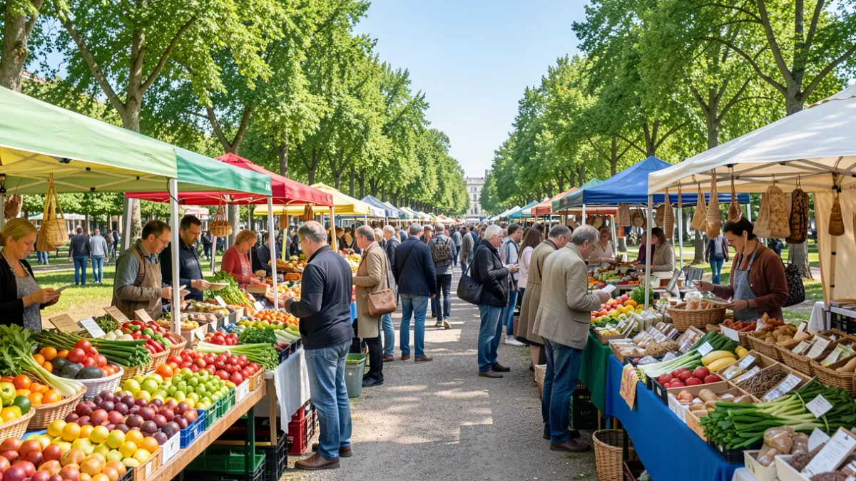 Generic image of an outdoor local market with fresh food stalls and people shopping.