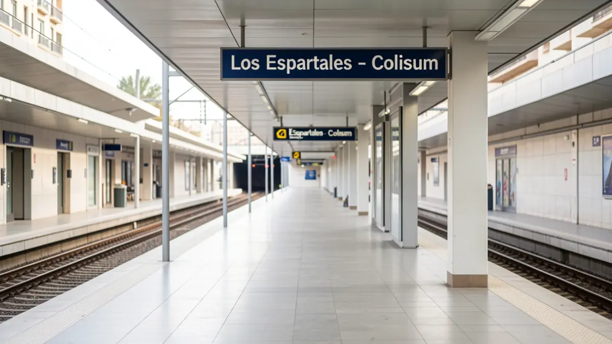 Empty platform of a Madrid Metro station with signage indicating 'Los Espartales - Coliseum'.