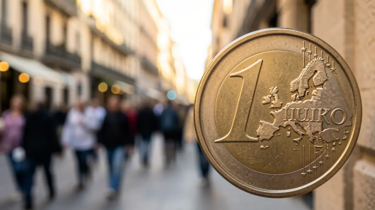 Close-up of a Spanish euro coin with a blurred Madrid street scene background.