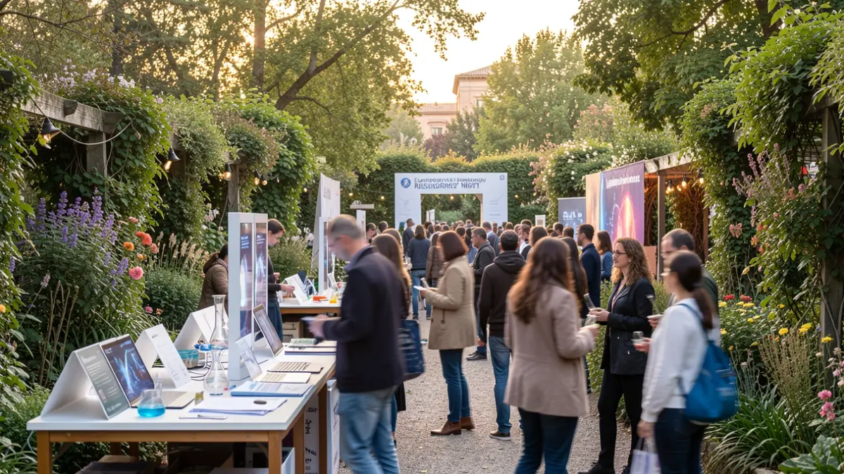 Generic image of the European Researchers' Night in Madrid, with people interacting with scientific displays in a botanical garden.