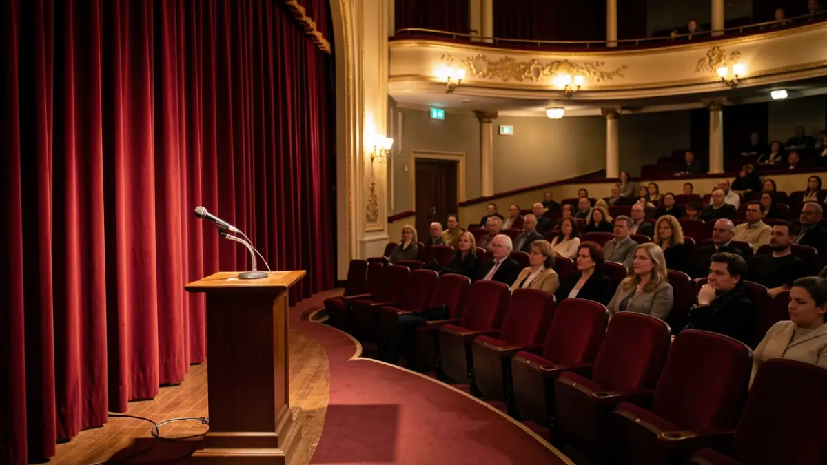 Imagen genérica de una sala de cine o teatro con iluminación cálida.