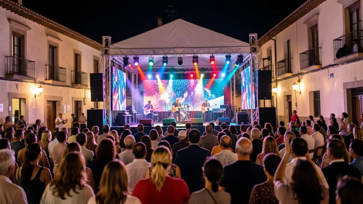 Imagen genérica de un concierto al aire libre con escenario iluminado y público disfrutando.