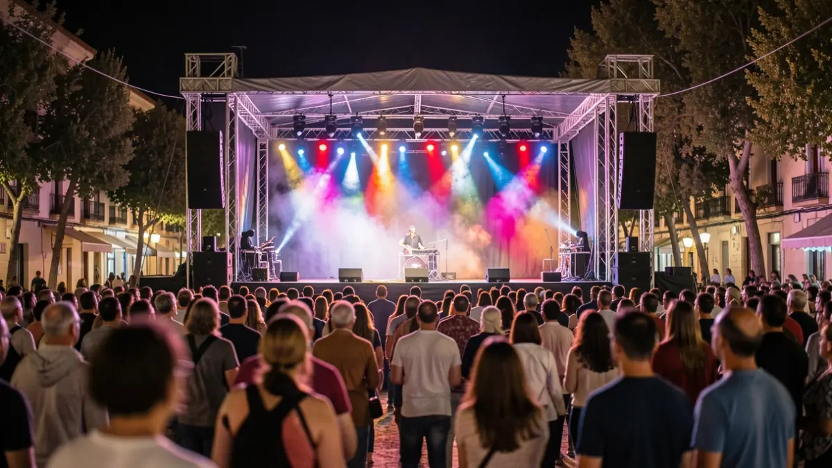 Outdoor concert stage at night in Alcorcón, with colorful lights and blurred audience.