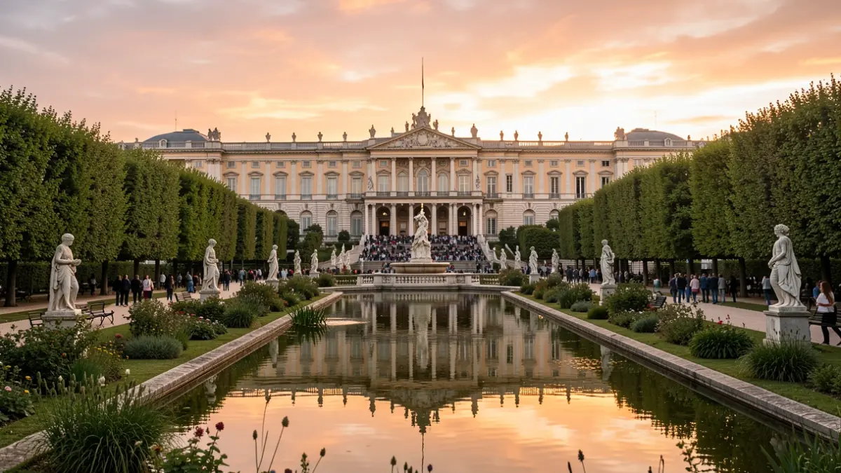 Image of the Sabatini Gardens with the Royal Palace in the background, setting for Madrid Fashion Week.