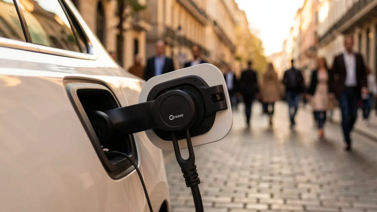 Puerto de carga de un coche eléctrico en una calle de Madrid al atardecer.