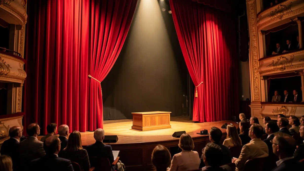 Imagen genérica de un escenario de teatro con telón rojo y un podio vacío.