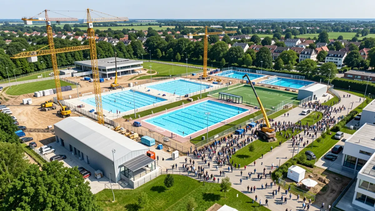 Aerial view of the construction work transforming the old Solagua pool in Leganés into a sports and leisure complex.
