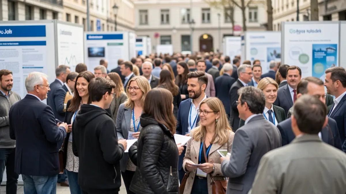 Imagen genérica de una feria de empleo con asistentes y stands.