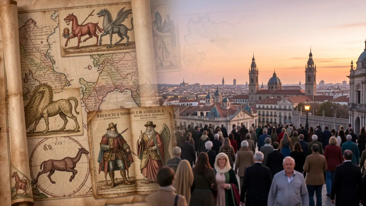 Generic image of old maps and scrolls with the Madrid skyline at dusk.