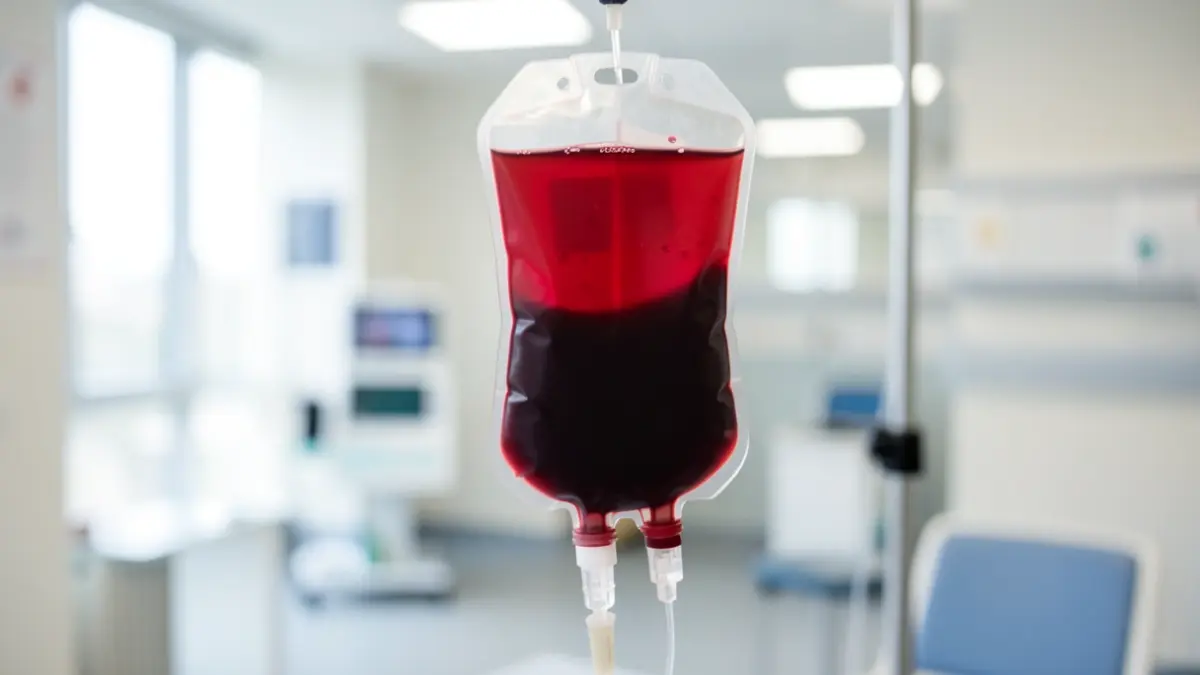 Primer plano de una bolsa de sangre con líquido rojo, simbolizando donación de sangre, sobre un fondo borroso de hospital.