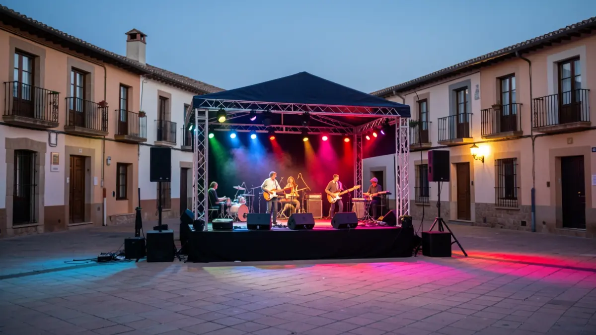 Generic image of an outdoor stage in a town square at dusk, ready for a concert.