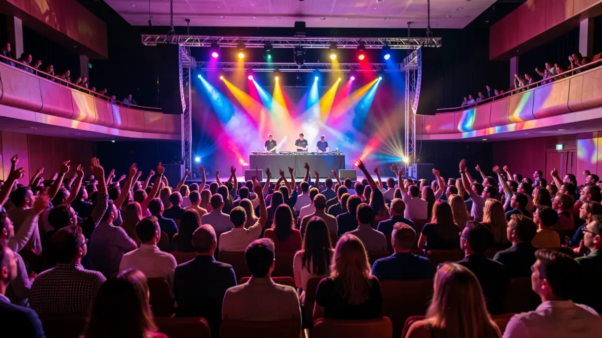 Imagen genérica de una fiesta de música urbana en un auditorio con luces de colores y DJs en el escenario.
