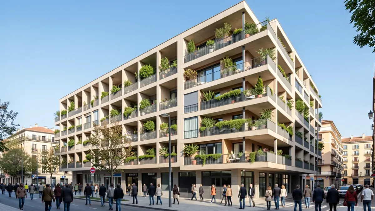 Facade of an affordable public housing building in Madrid.