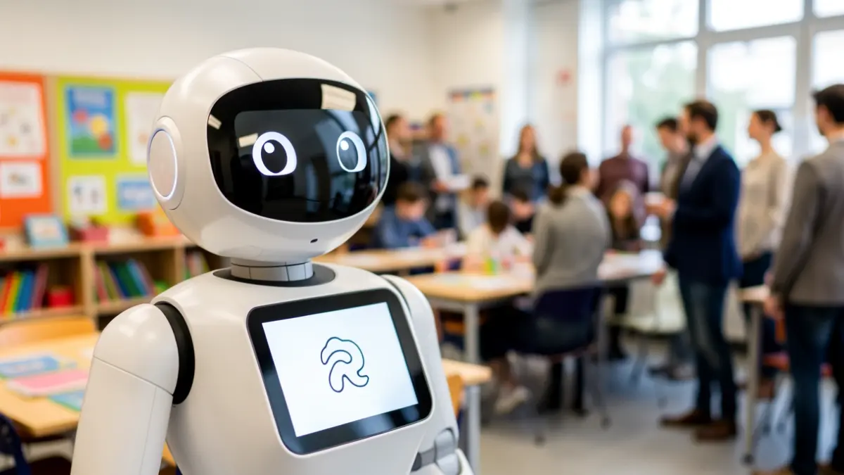 Humanoid robot with a screen in an educational classroom.