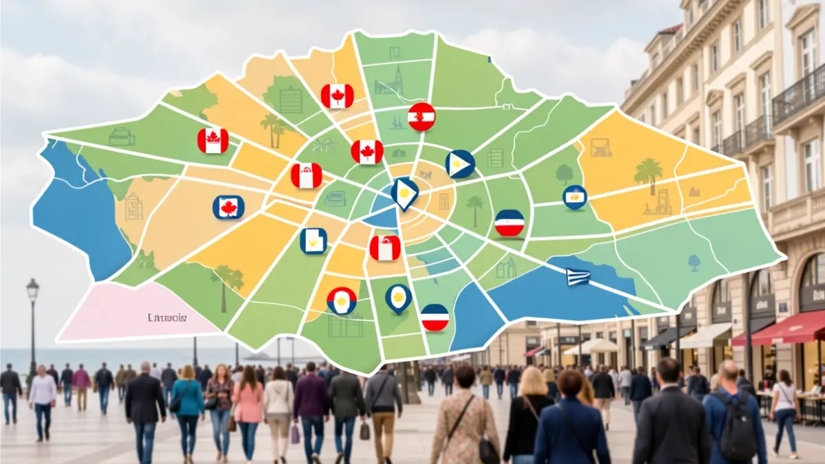 Stylized map of the Community of Madrid highlighting shopping districts with icons of Canadian, Filipino, and Panamanian flags.