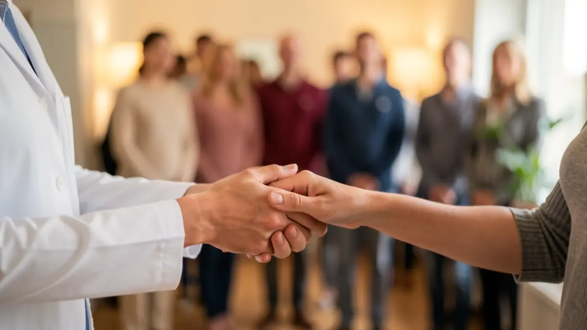 Hands of a healthcare professional holding a patient's hand, symbolizing care and comfort.