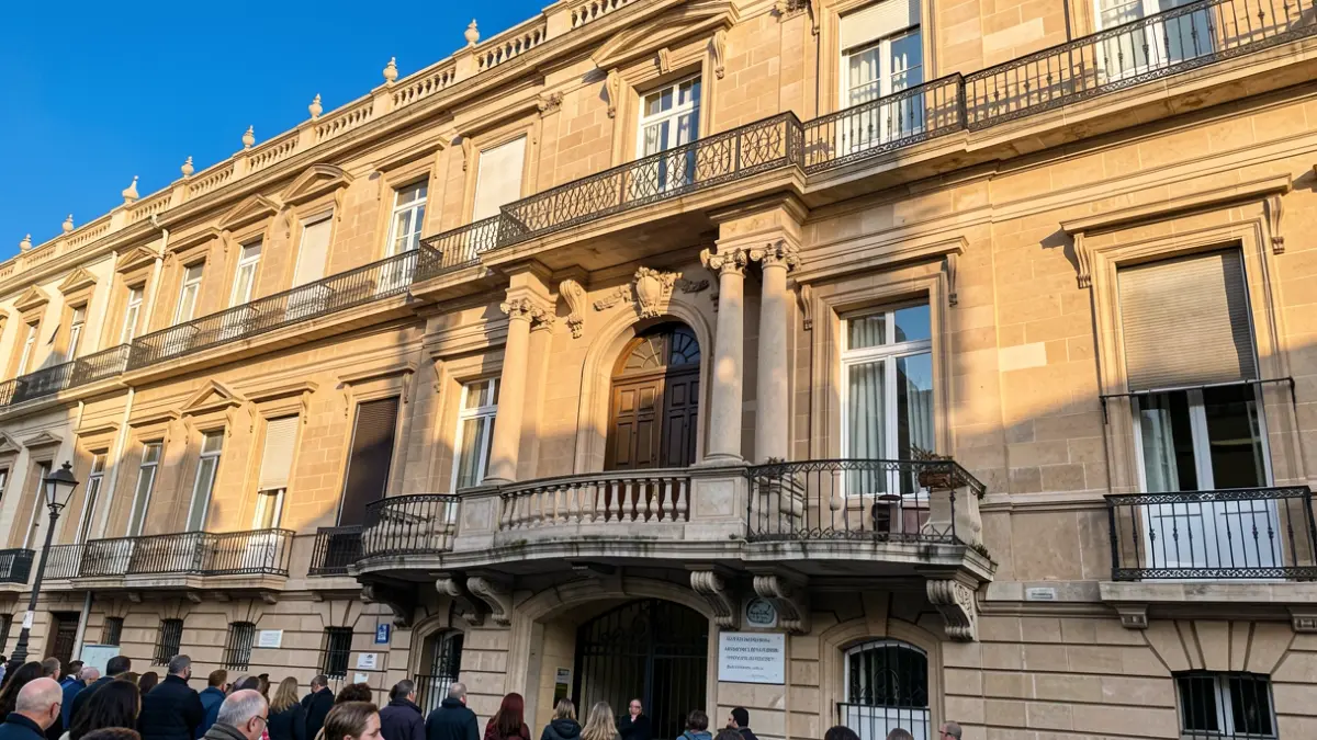 Facade of a Madrid town hall with classical architecture, an ornate balcony, and iron railings. Warm afternoon sunlight casts shadows on the sandstone walls. Blue sky above.