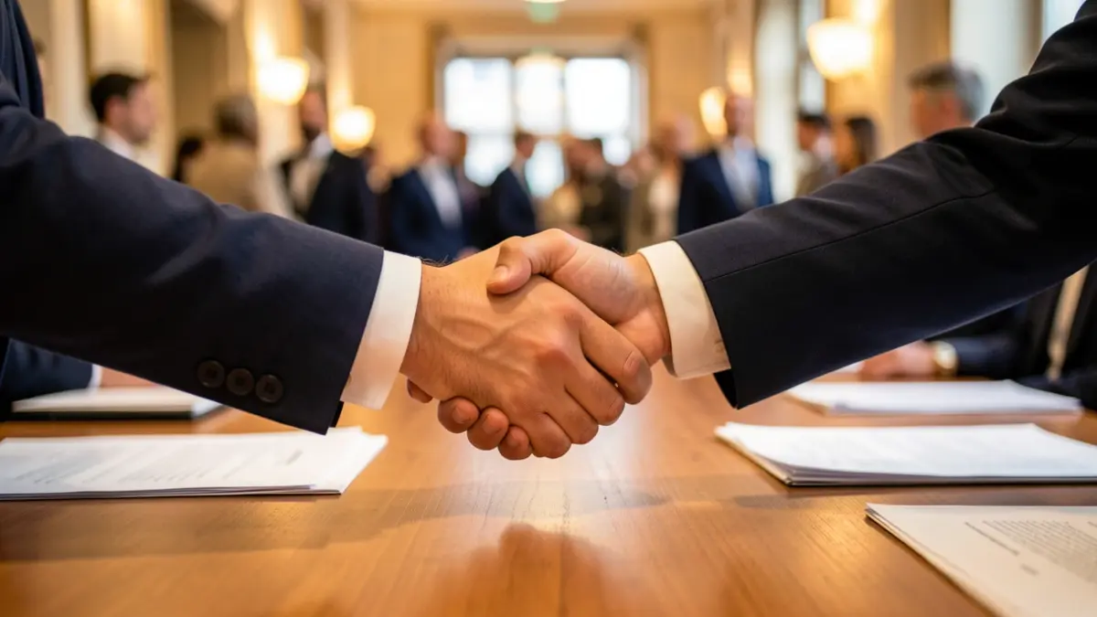 Hands shaking over a desk with blurred documents, representing an economic aid agreement.