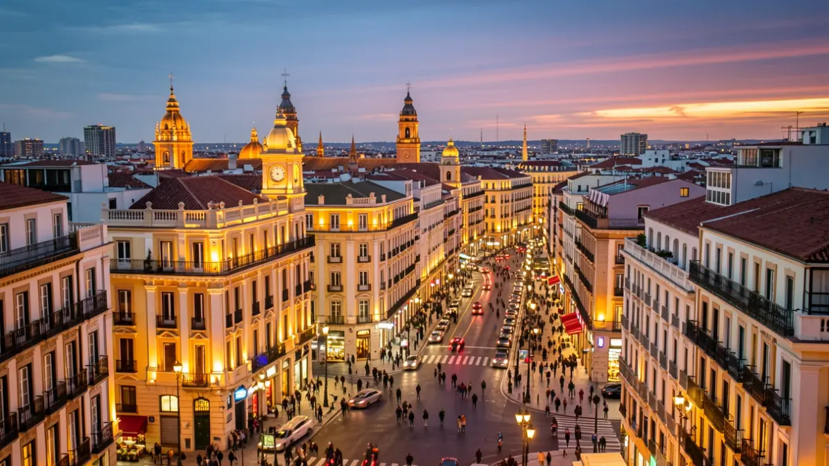 Generic image of the city of Madrid at dusk with illuminated buildings.