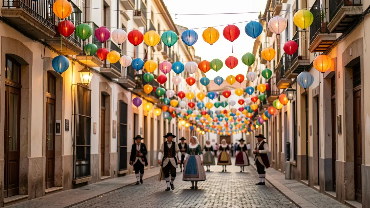 Festive atmosphere in a Madrid street during the Virgen de la Paloma festivities, with lanterns and decorations.