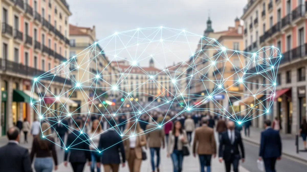 Abstract representation of artificial intelligence integrating into Madrid's business fabric, with neural network patterns and a blurred cityscape.