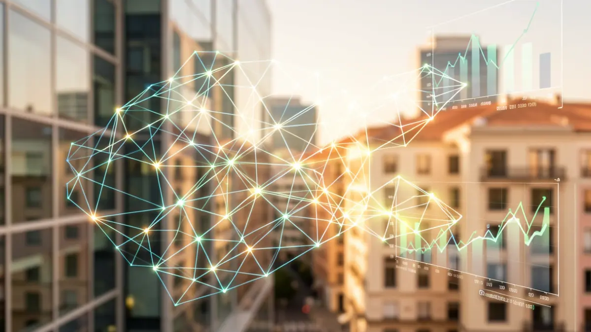 Abstract representation of artificial intelligence integrated into Madrid's business fabric.
