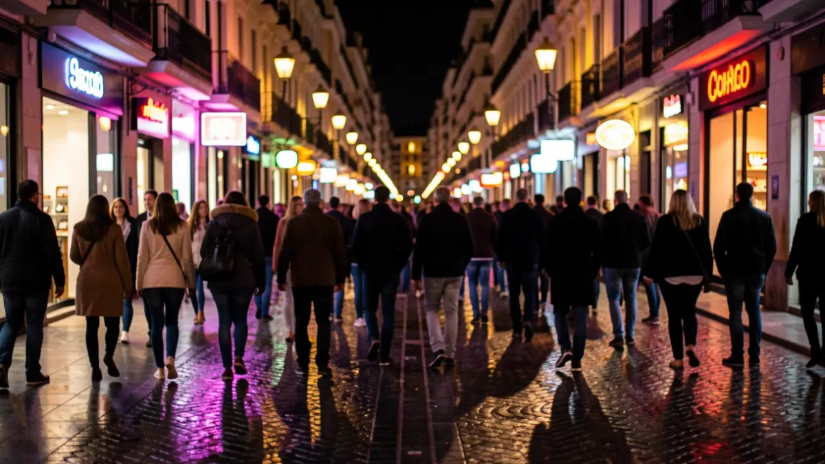 Generic image of a Madrid street at night with a nightlife atmosphere.