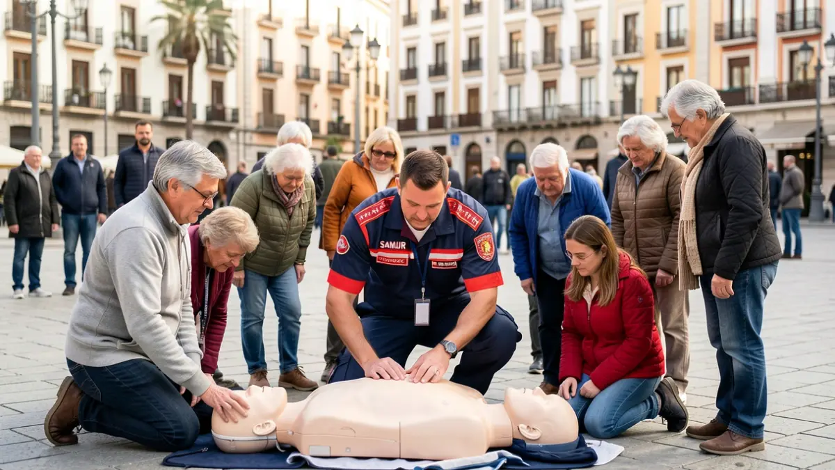 Citizens learning first aid in a Madrid square with SAMUR-Protección Civil instructors.