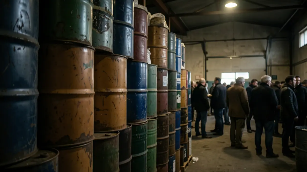 Imagen genérica de barriles de aceite industrial apilados en un almacén.